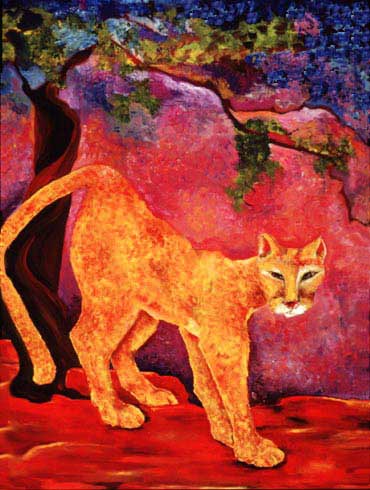 Cougar:  oil on canvas with figurative elements painted around the
 sides.