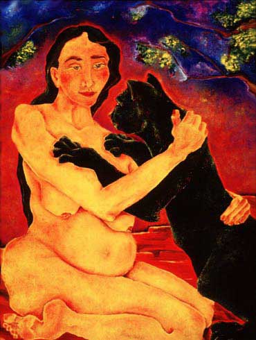 Woman & Panther:  oil on canvas with figurative elements painted around the 
sides.
