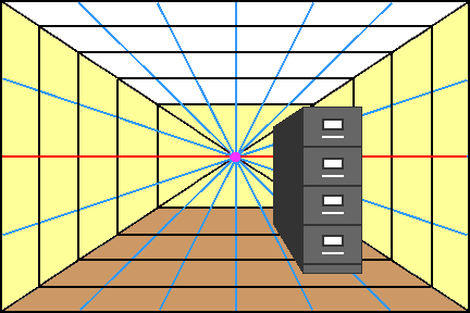 What part of the file cabinet is above the horizon line?